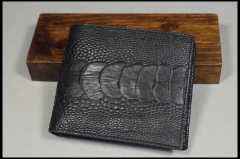 Gray Stone Ostrich Leg Leather Wallet, Nubuck Ostrich Bifold