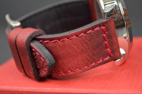 RED I is one of our hand crafted watch straps. Available in red color, 3.5 - 4 mm thick.