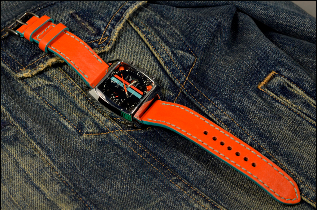 ORANGE es una de nuestras correas reloj de piel hechas a mano, con piel de becerro. De color naranja golfo, con un espesor de 3 - 3.5 mm.